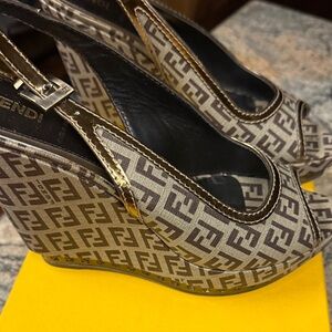 Fendi Beige and Brown Logo Wedge Heels